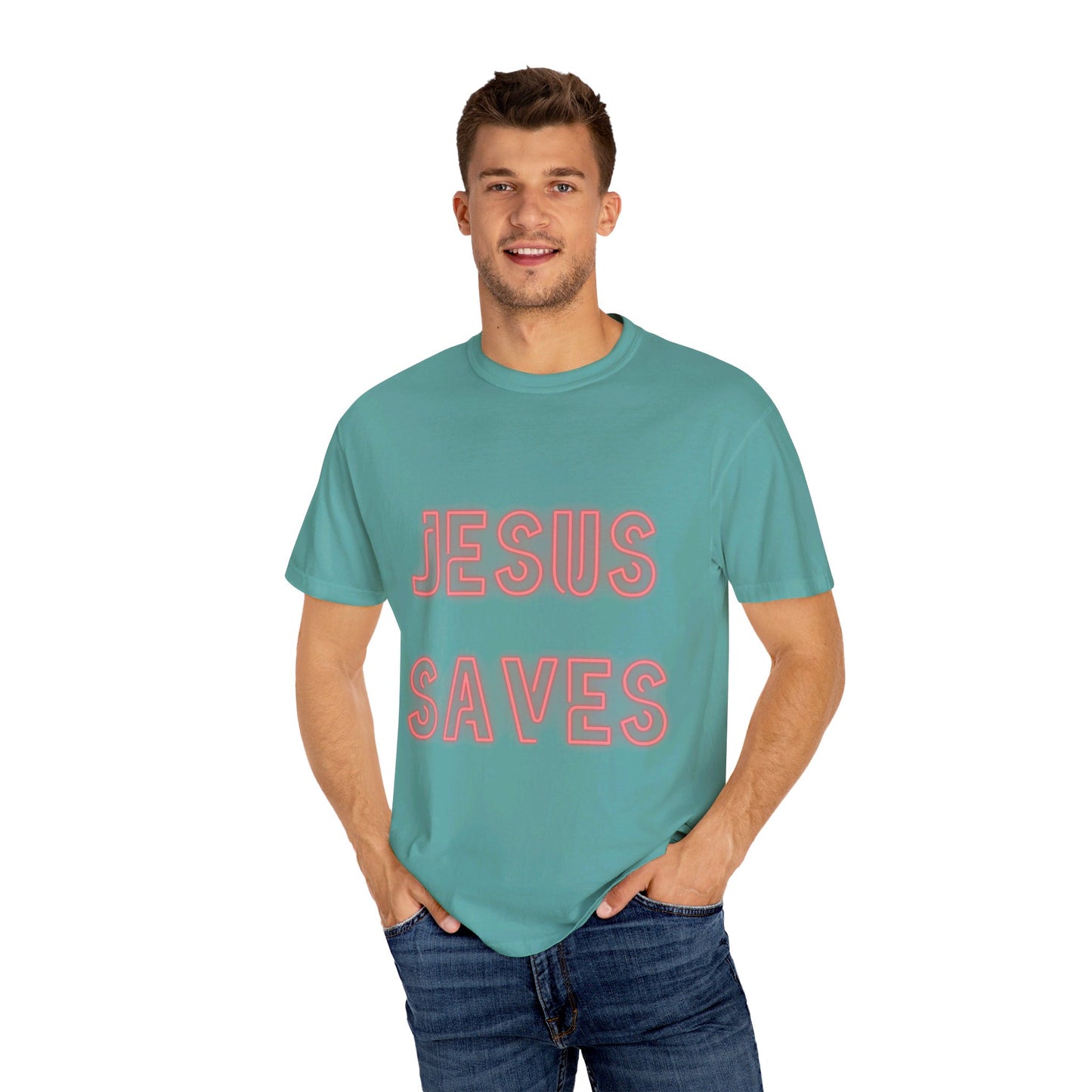 Jesus Saves Neon Signage (2) Unisex Garment-Dyed T-shirt