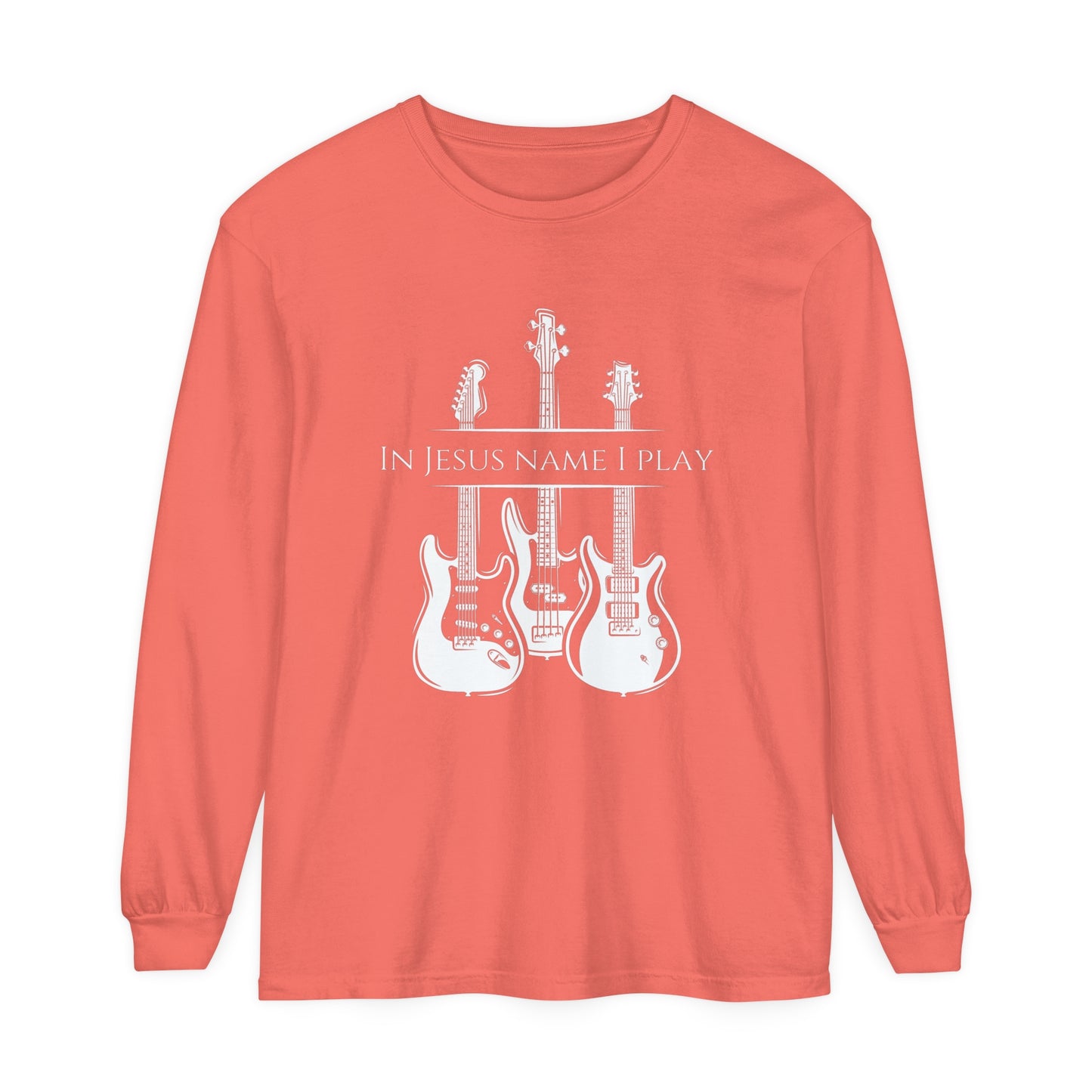 In Jesus Name I Play w/ Psalm 150:4 On Back Unisex Garment-dyed Long Sleeve T-Shirt