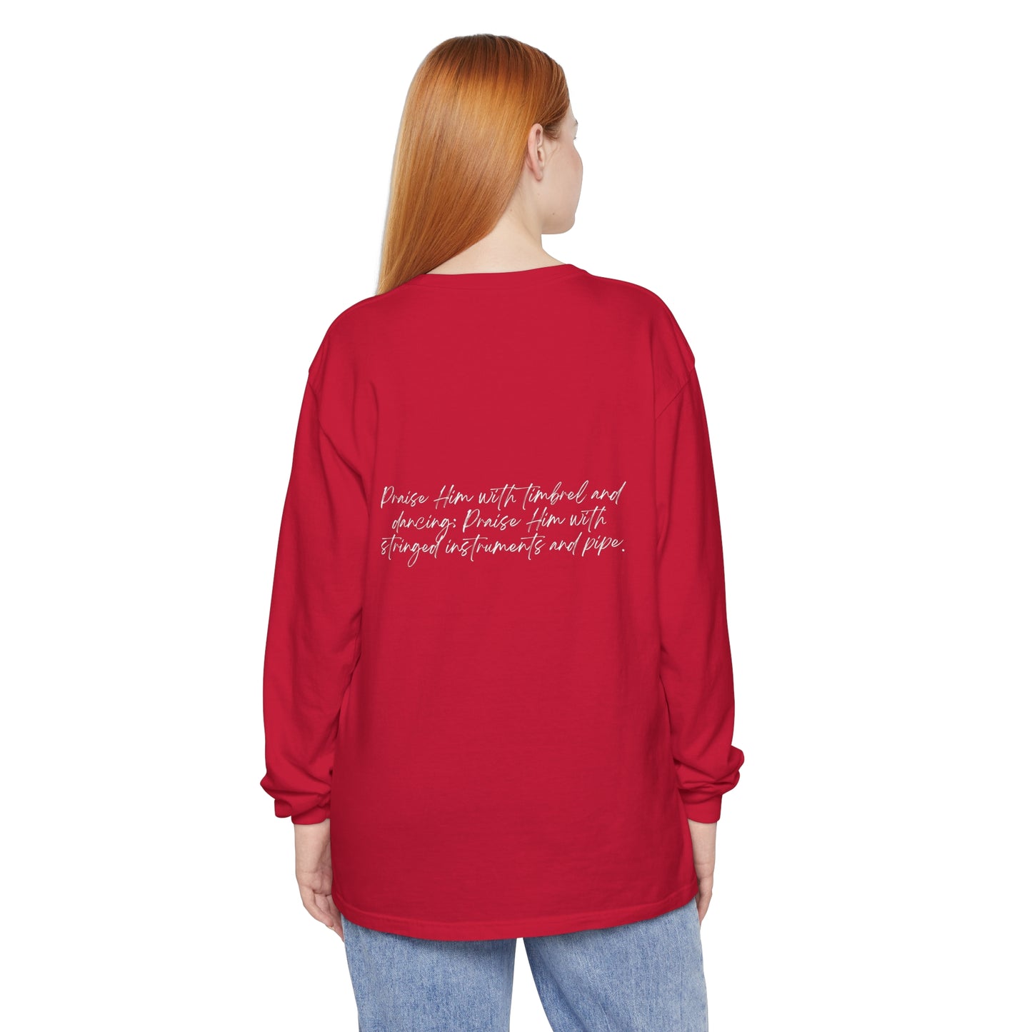 In Jesus Name I Play w/ Psalm 150:4 On Back Unisex Garment-dyed Long Sleeve T-Shirt