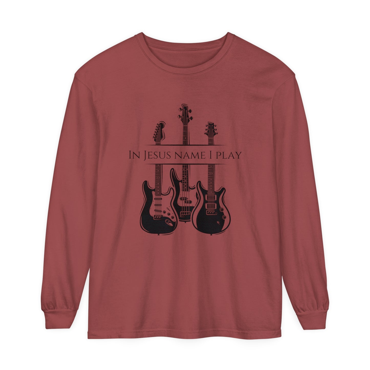 In Jesus Name I Play w/ Psalm 150:4 On Back Unisex Garment-dyed Long Sleeve T-Shirt