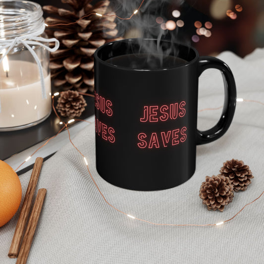 Jesus Saves Neon Signage Black Mug (11oz, 15oz)