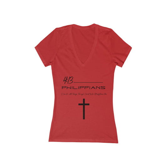 Philippians 4:13 Women's Jersey Short Sleeve Deep V-Neck Tee