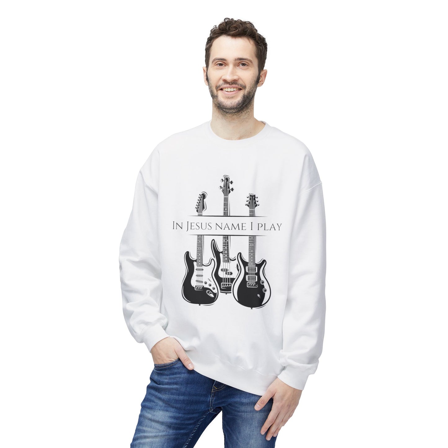 In Jesus Name I Play w/ Psalm 150:4 On Back Unisex Midweight Softstyle Fleece Crewneck Sweatshirt