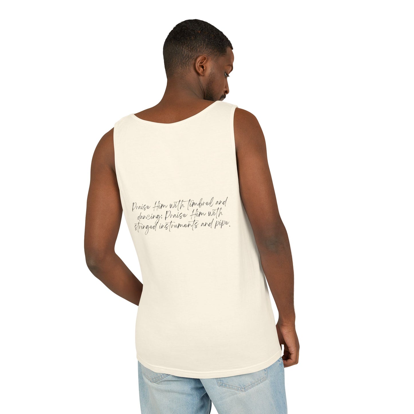 In Jesus Name I Play w/ Psalm 150:4 On Back Unisex Garment-Dyed Tank Top