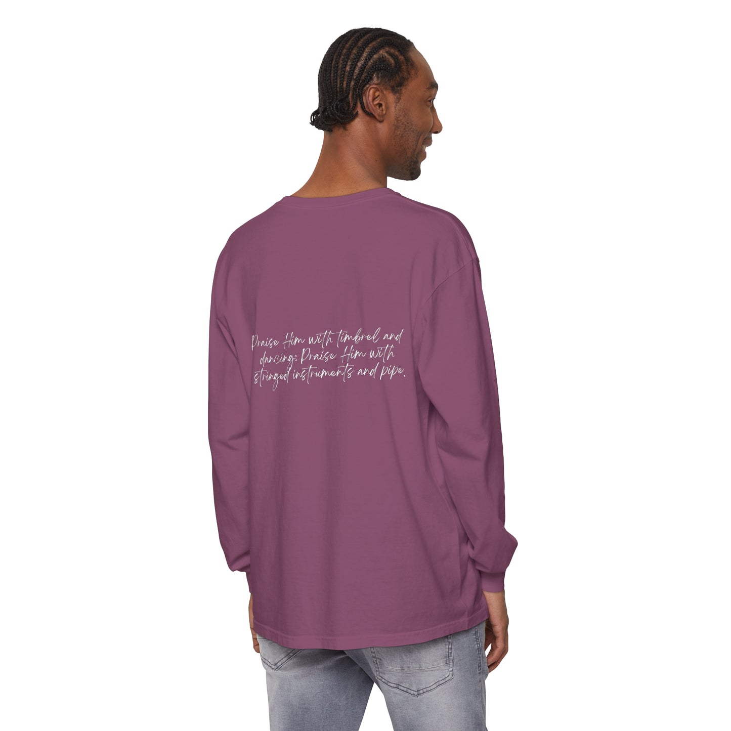 In Jesus Name I Play w/ Psalm 150:4 On Back Unisex Garment-dyed Long Sleeve T-Shirt