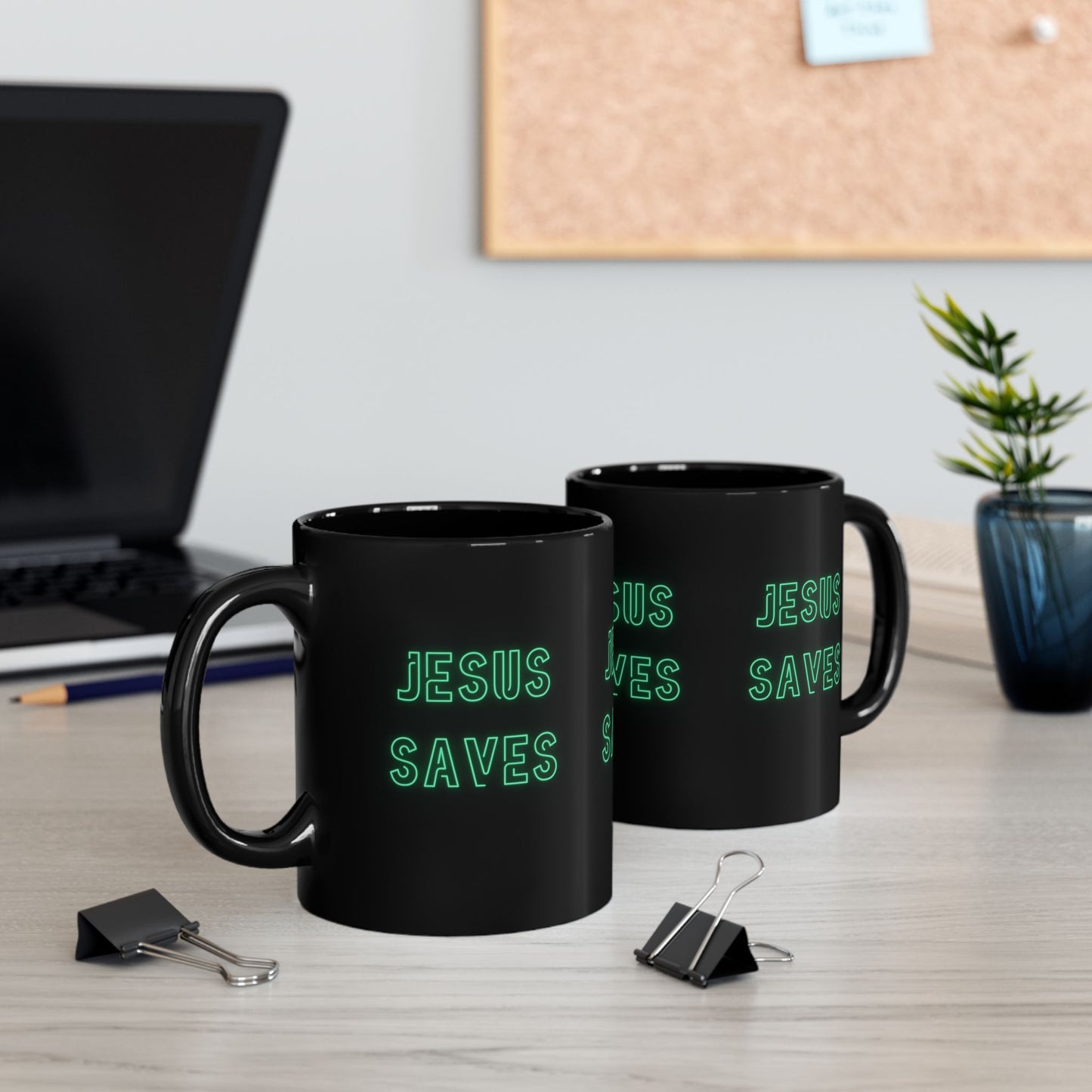 Jesus Saves Neon Signage Green Black Mug (11oz, 15oz)