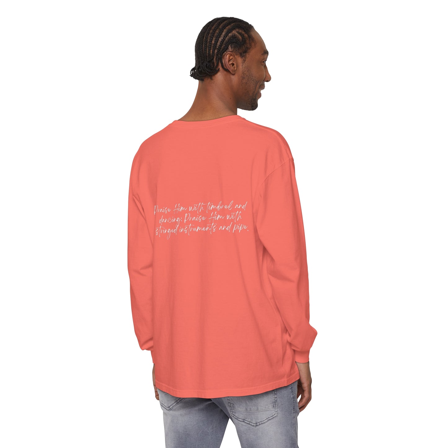 In Jesus Name I Play w/ Psalm 150:4 On Back Unisex Garment-dyed Long Sleeve T-Shirt