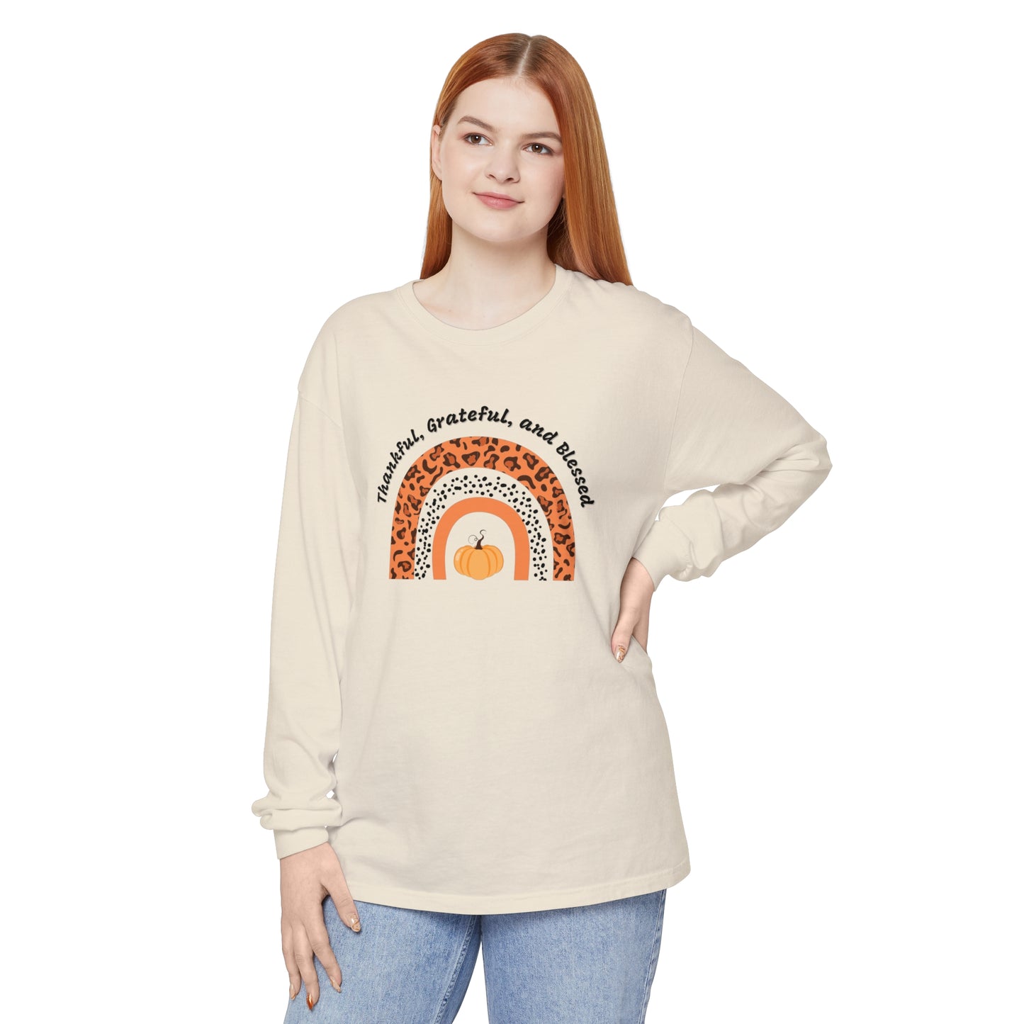 Thankful Grateful and Blessed Unisex Garment-dyed Long Sleeve T-Shirt