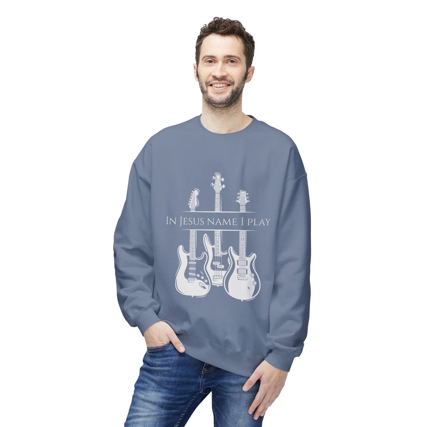 In Jesus Name I Play w/ Psalm 150:4 On Back Unisex Midweight Softstyle Fleece Crewneck Sweatshirt