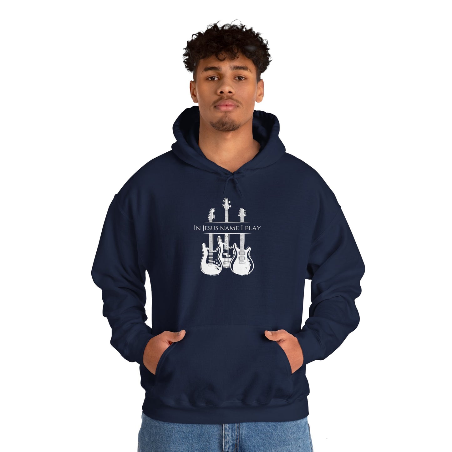 In Jesus Name I Play w/ Psalm 150:4 On Back Unisex Heavy Blend™ Hooded Sweatshirt