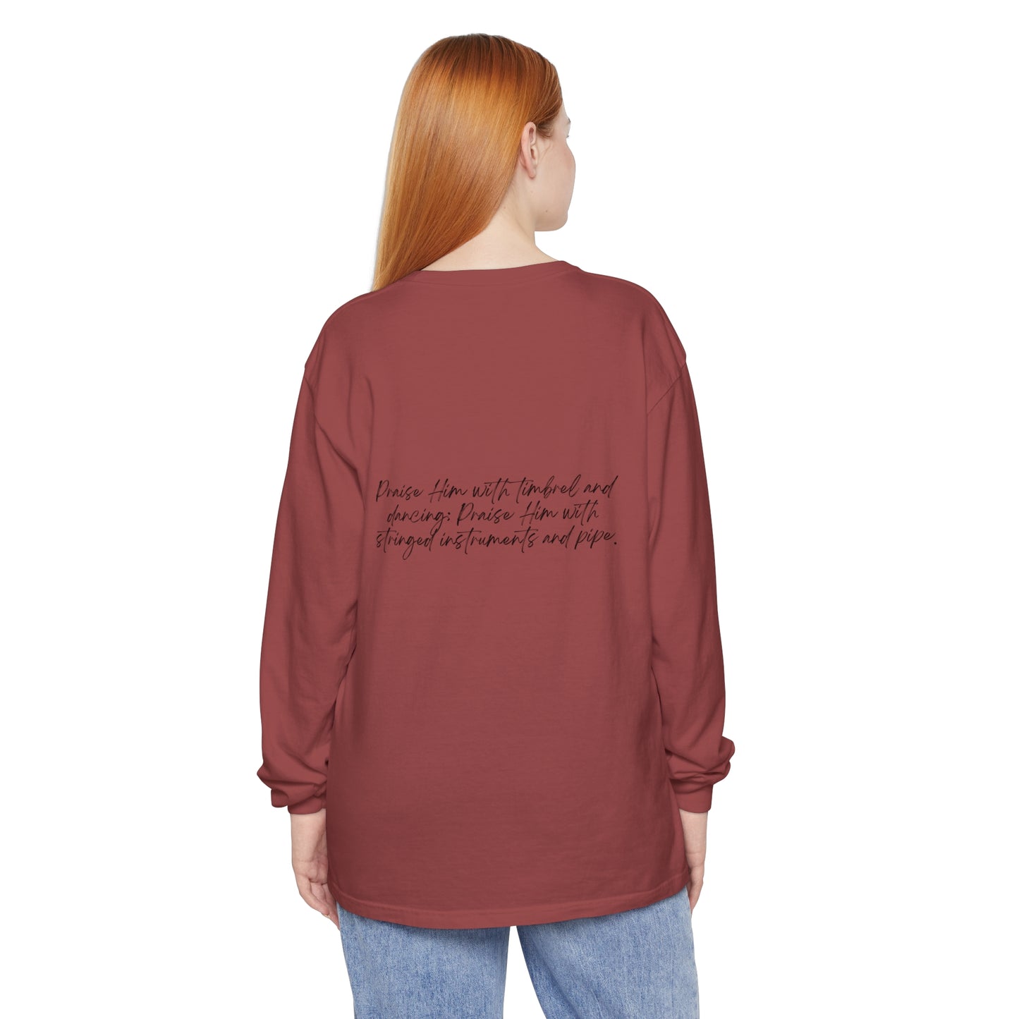 In Jesus Name I Play w/ Psalm 150:4 On Back Unisex Garment-dyed Long Sleeve T-Shirt