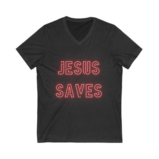 Jesus Saves Neon Signage V Neck Unisex Jersey Short Sleeve V-Neck Tee