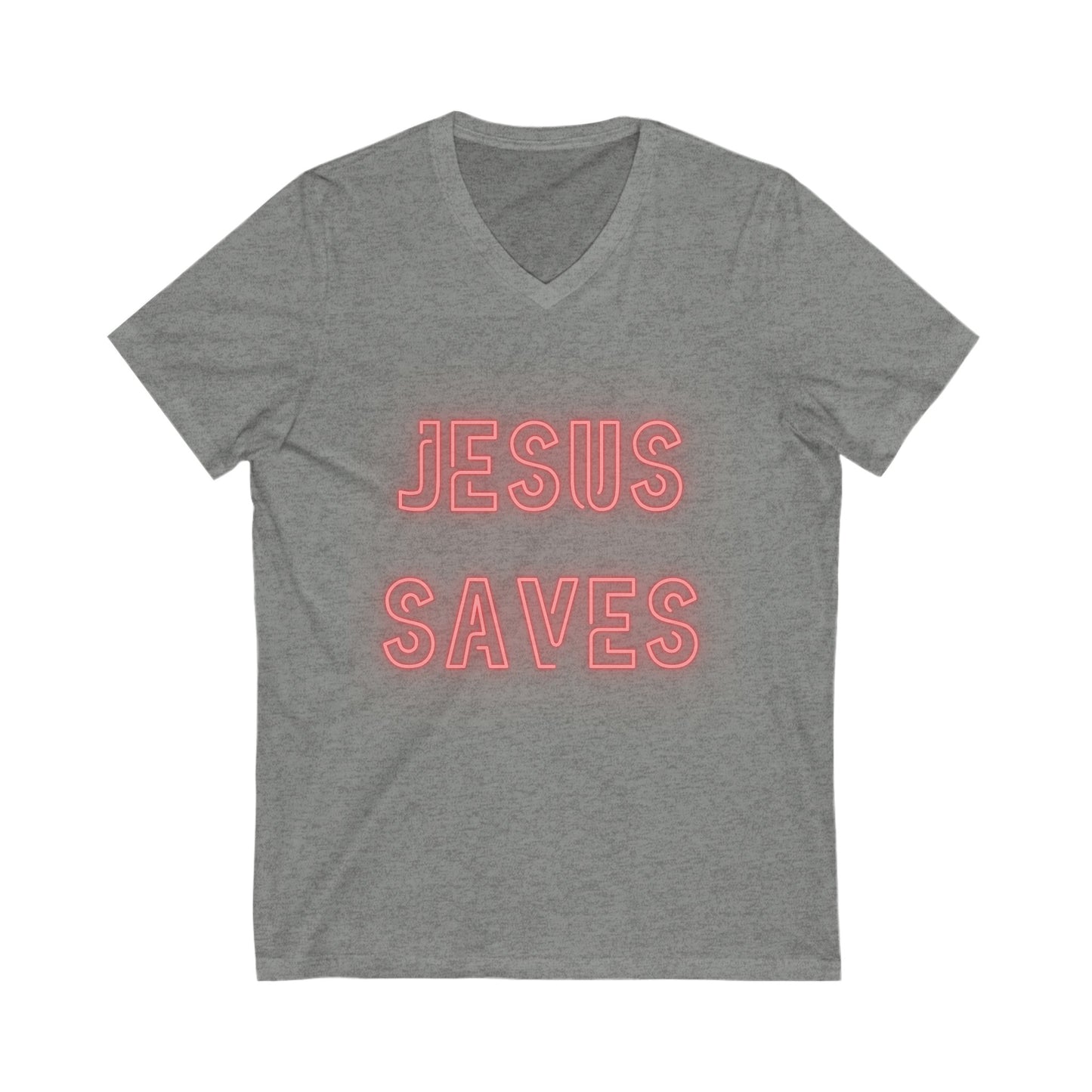 Jesus Saves Neon Signage V Neck Unisex Jersey Short Sleeve V-Neck Tee