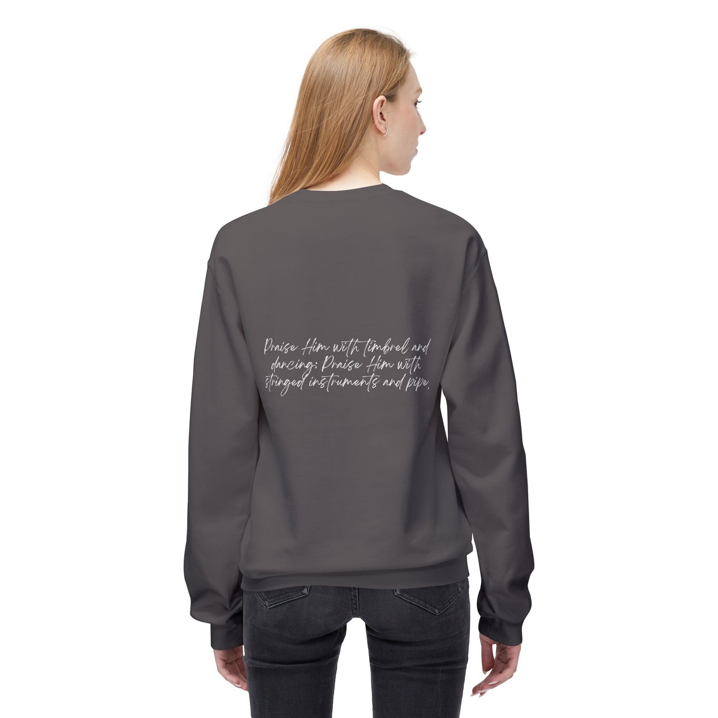 In Jesus Name I Play w/ Psalm 150:4 On Back Unisex Midweight Softstyle Fleece Crewneck Sweatshirt