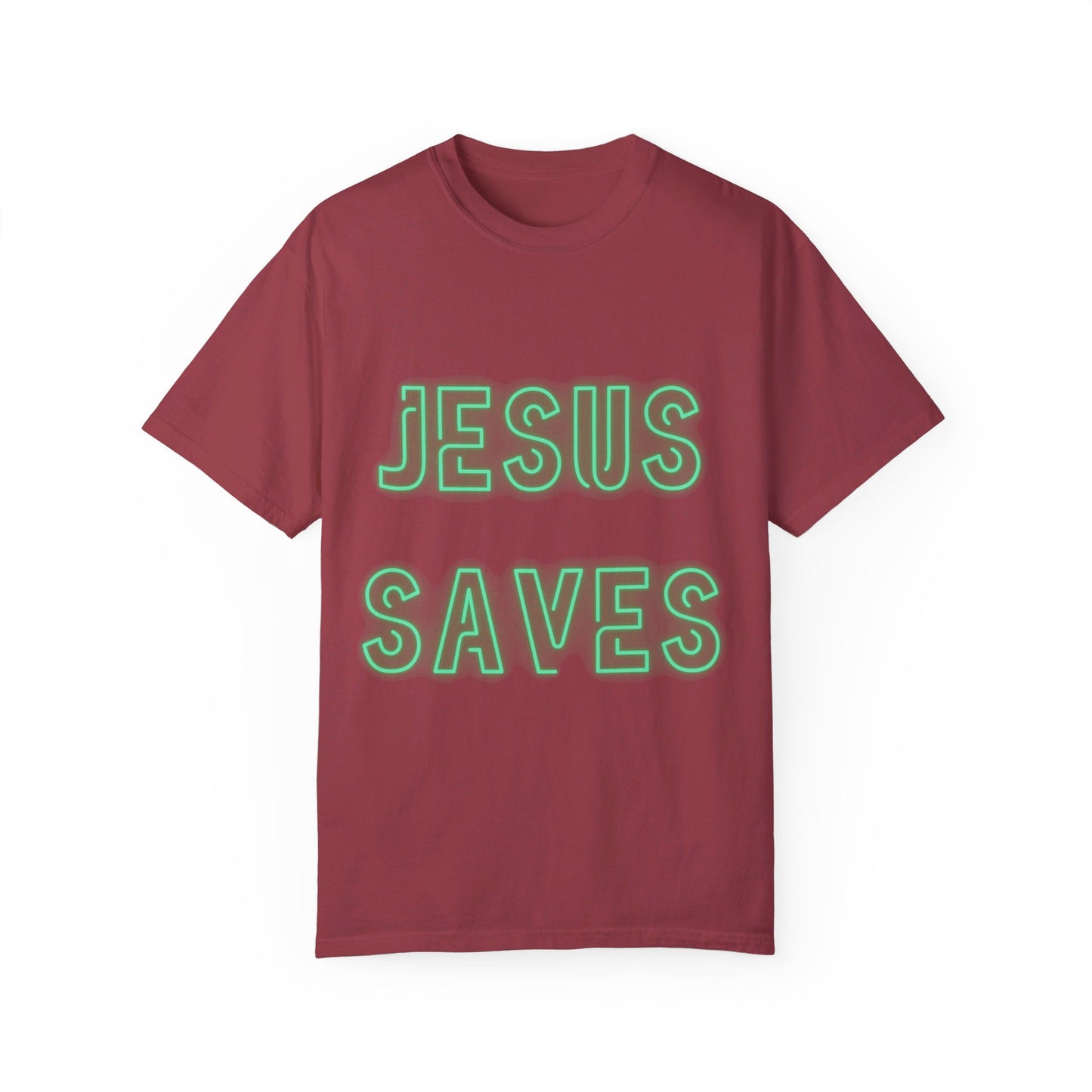 Jesus Saves Neon Signage Green Unisex Garment-Dyed T-shirt