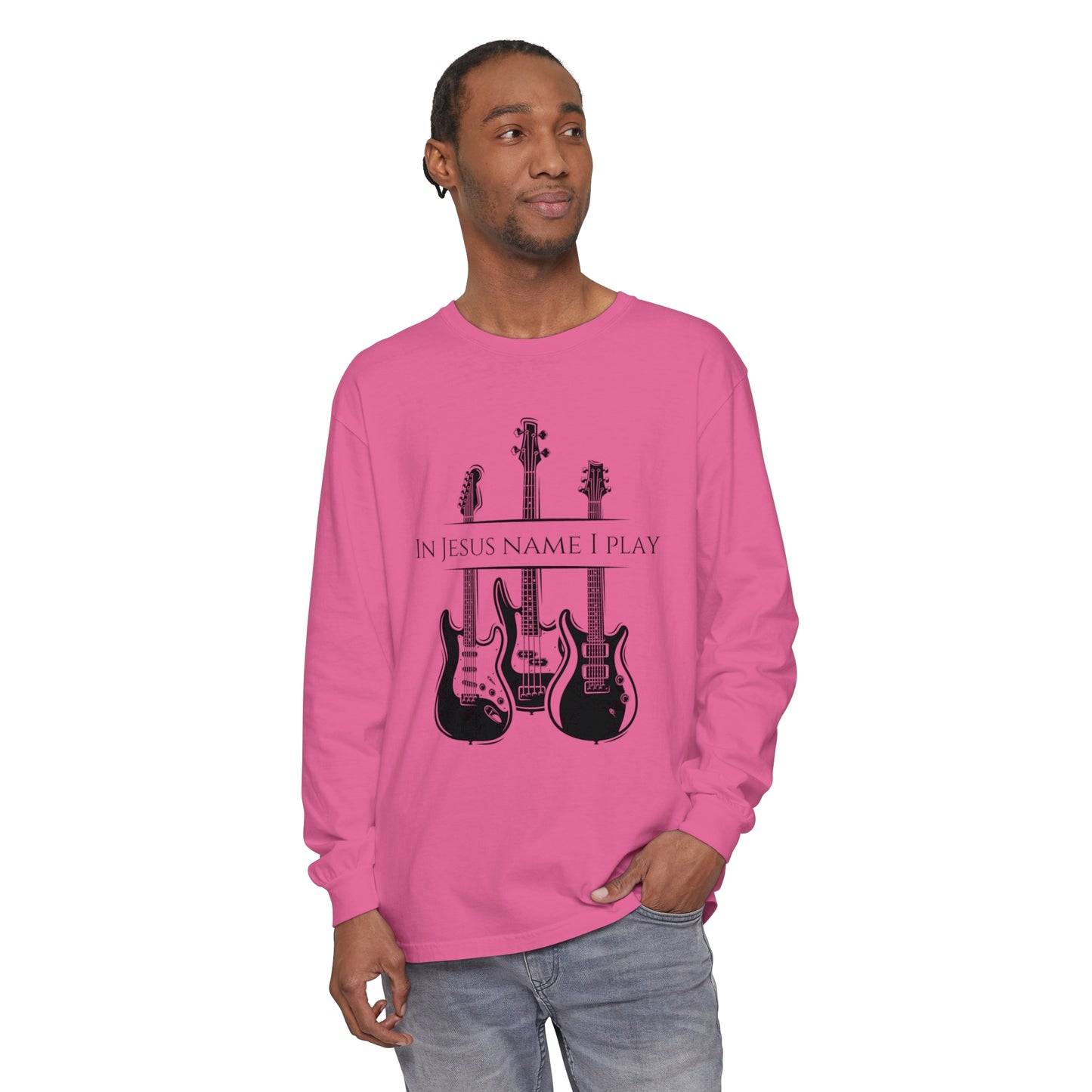 In Jesus Name I Play w/ Psalm 150:4 On Back Unisex Garment-dyed Long Sleeve T-Shirt