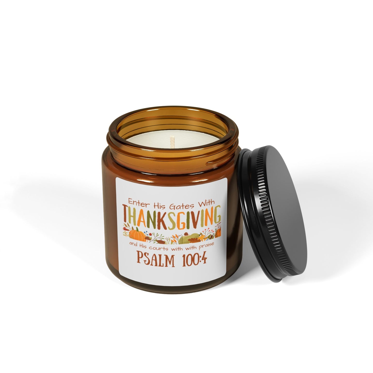 Thanksgiving Psalm 100:4 Scented Soy Candle (Multi-Size, Amber Jar)