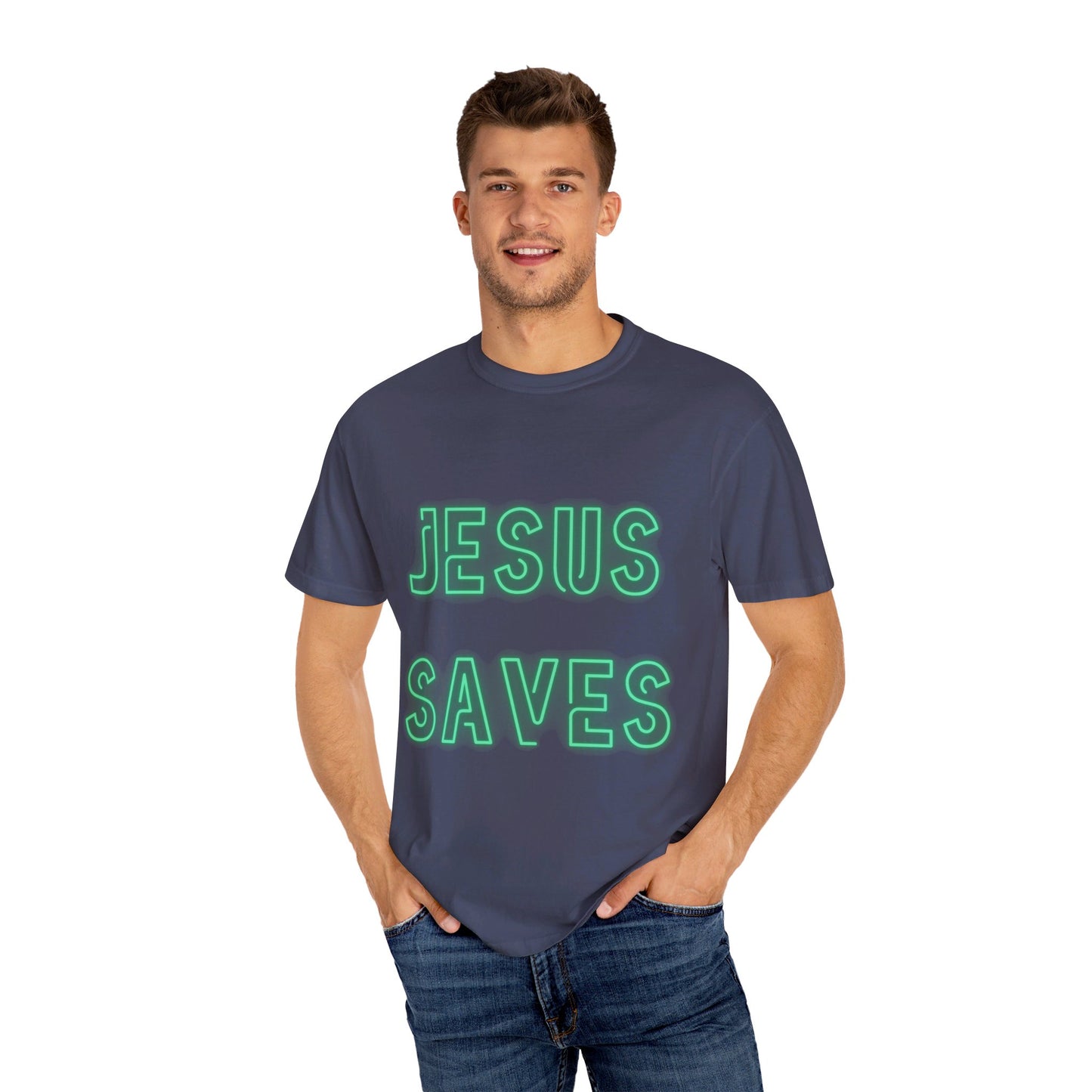 Jesus Saves Neon Signage Green Unisex Garment-Dyed T-shirt