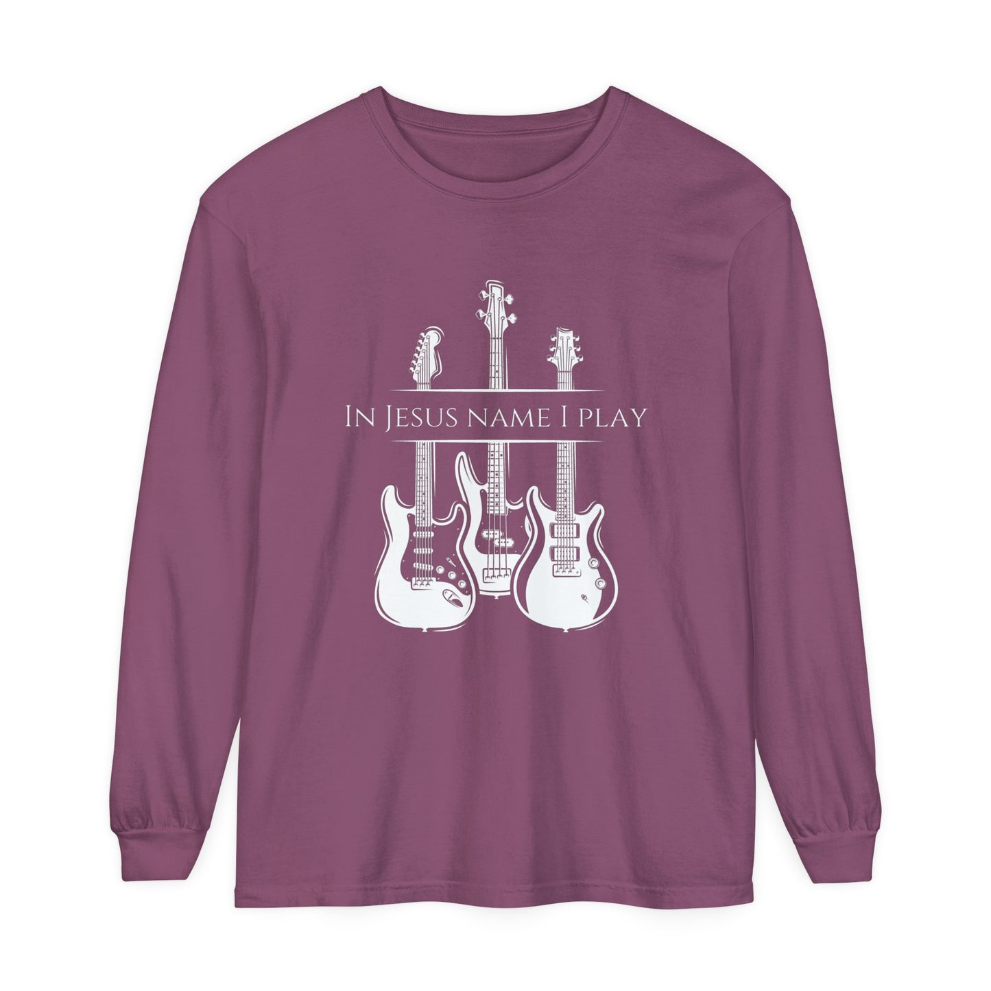 In Jesus Name I Play w/ Psalm 150:4 On Back Unisex Garment-dyed Long Sleeve T-Shirt