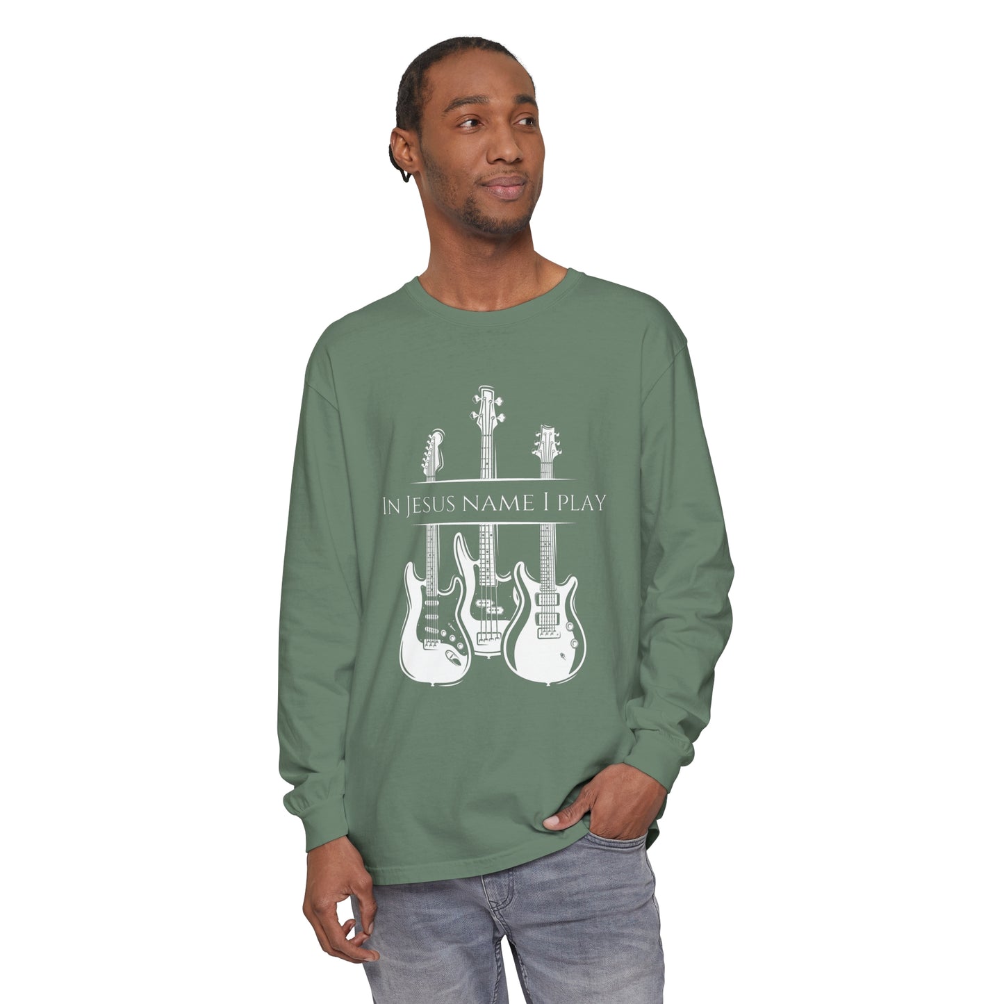 In Jesus Name I Play w/ Psalm 150:4 On Back Unisex Garment-dyed Long Sleeve T-Shirt