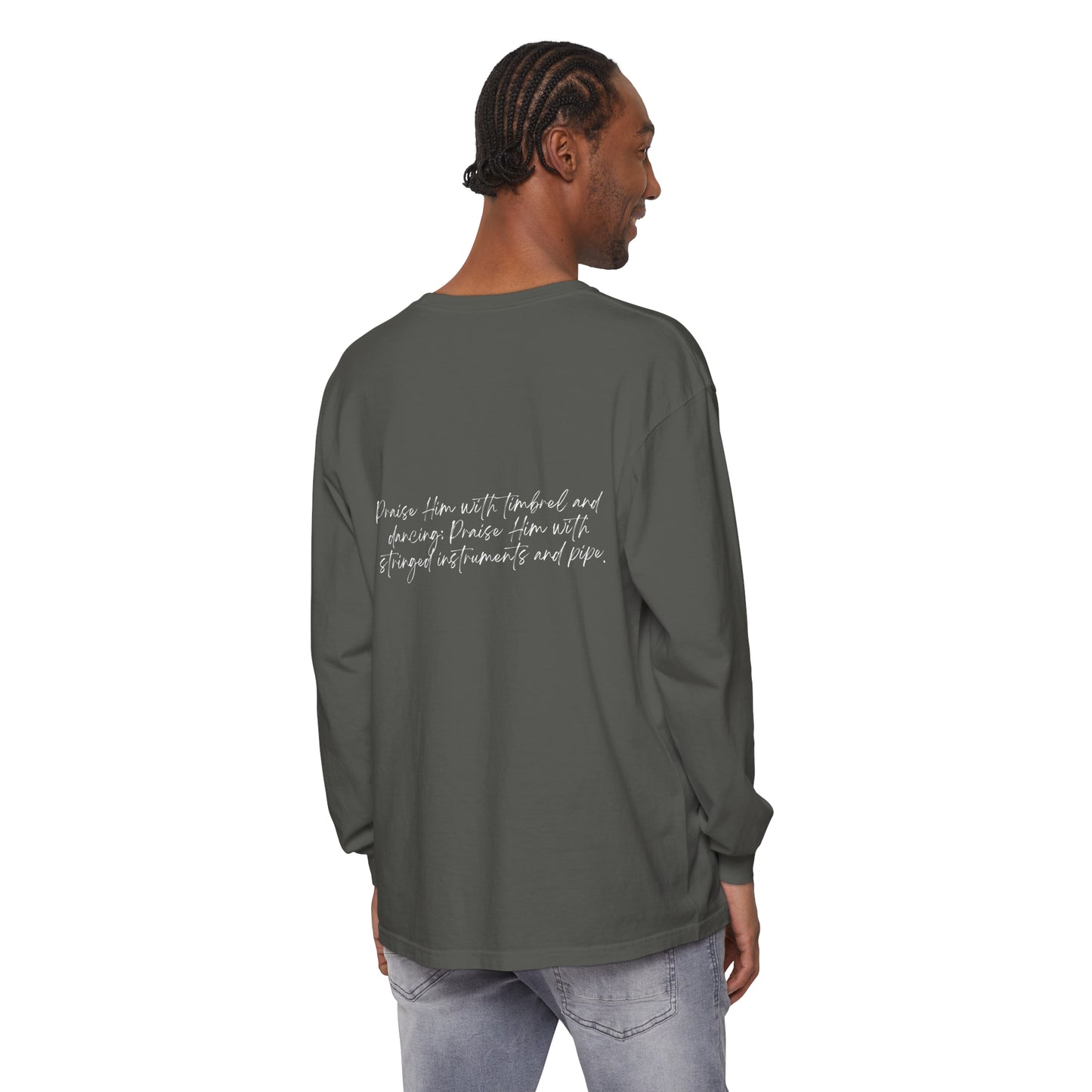 In Jesus Name I Play w/ Psalm 150:4 On Back Unisex Garment-dyed Long Sleeve T-Shirt