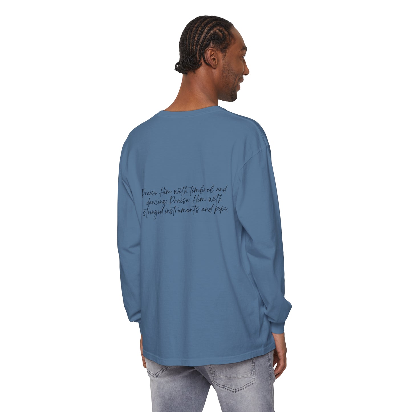 In Jesus Name I Play w/ Psalm 150:4 On Back Unisex Garment-dyed Long Sleeve T-Shirt