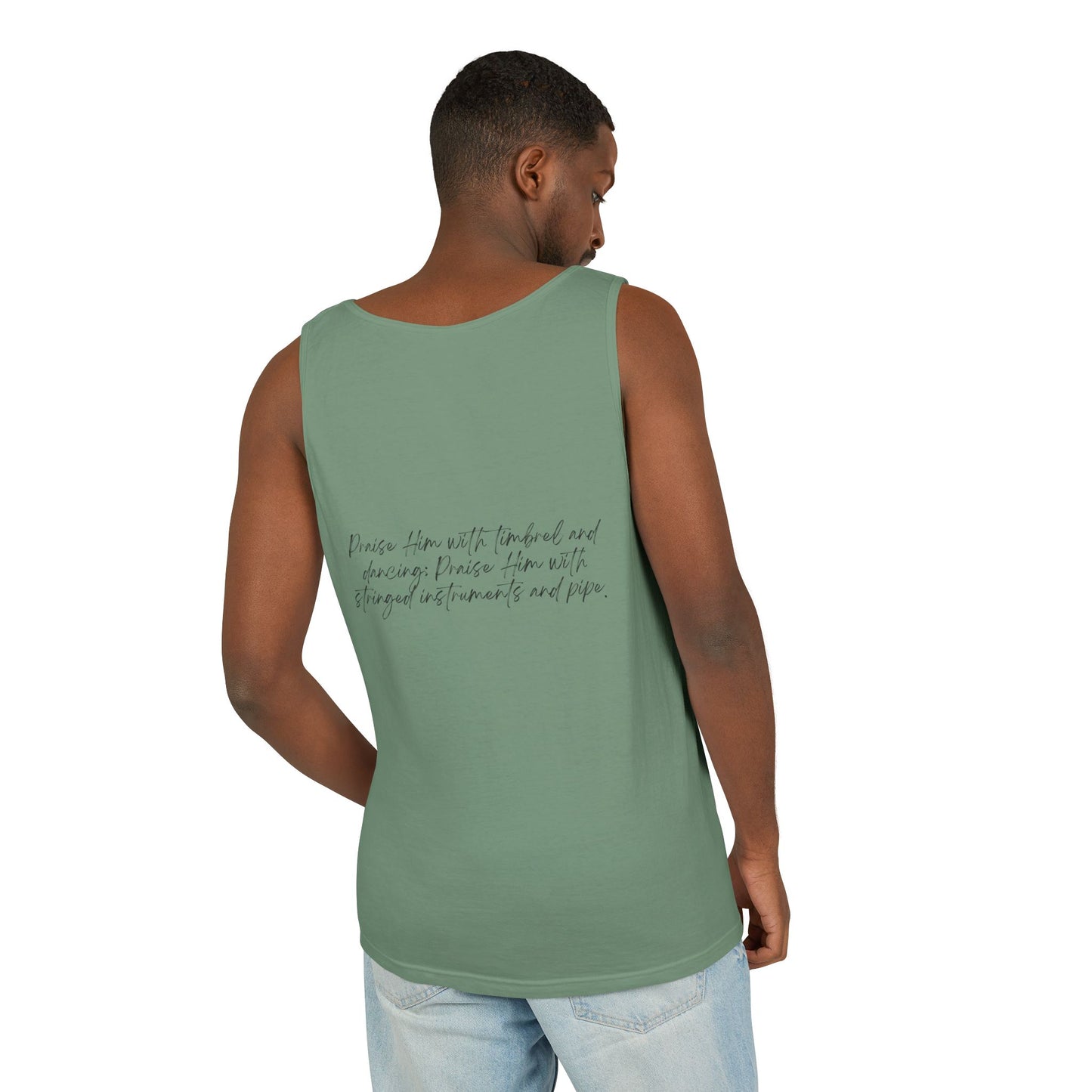 In Jesus Name I Play w/ Psalm 150:4 On Back Unisex Garment-Dyed Tank Top