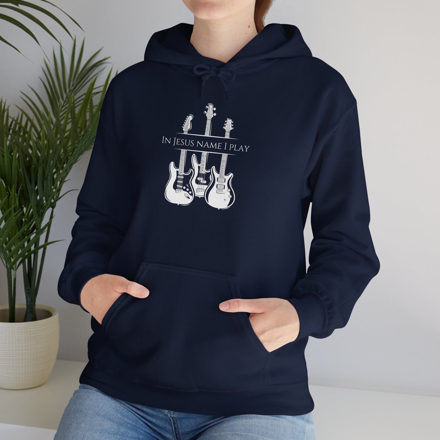 In Jesus Name I Play w/ Psalm 150:4 On Back Unisex Heavy Blend™ Hooded Sweatshirt