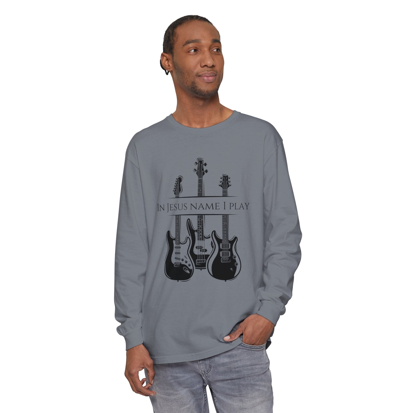 In Jesus Name I Play w/ Psalm 150:4 On Back Unisex Garment-dyed Long Sleeve T-Shirt