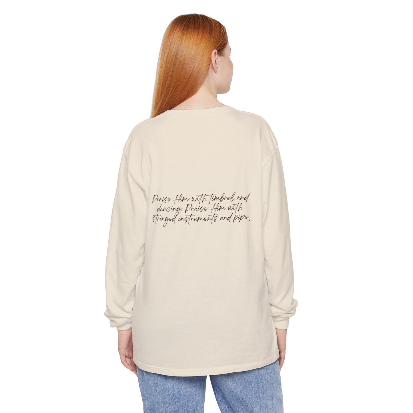 In Jesus Name I Play w/ Psalm 150:4 On Back Unisex Garment-dyed Long Sleeve T-Shirt