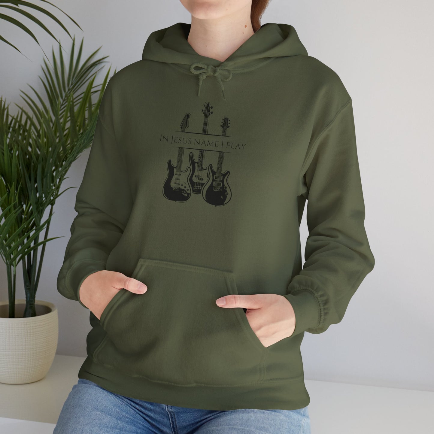 In Jesus Name I Play w/ Psalm 150:4 On Back Unisex Heavy Blend™ Hooded Sweatshirt