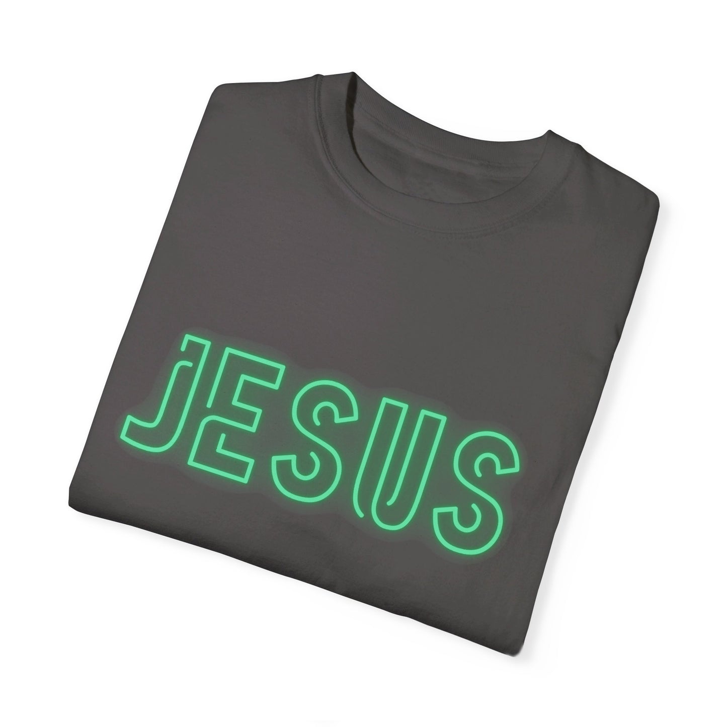 Jesus Saves Neon Signage Green Unisex Garment-Dyed T-shirt