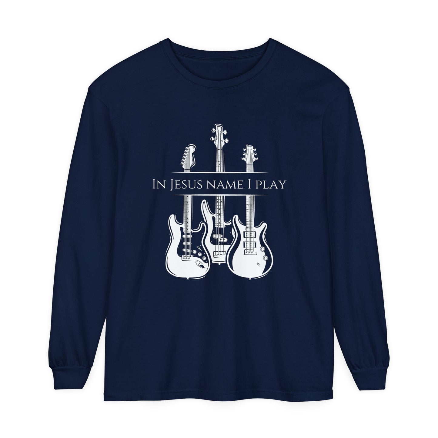 In Jesus Name I Play w/ Psalm 150:4 On Back Unisex Garment-dyed Long Sleeve T-Shirt