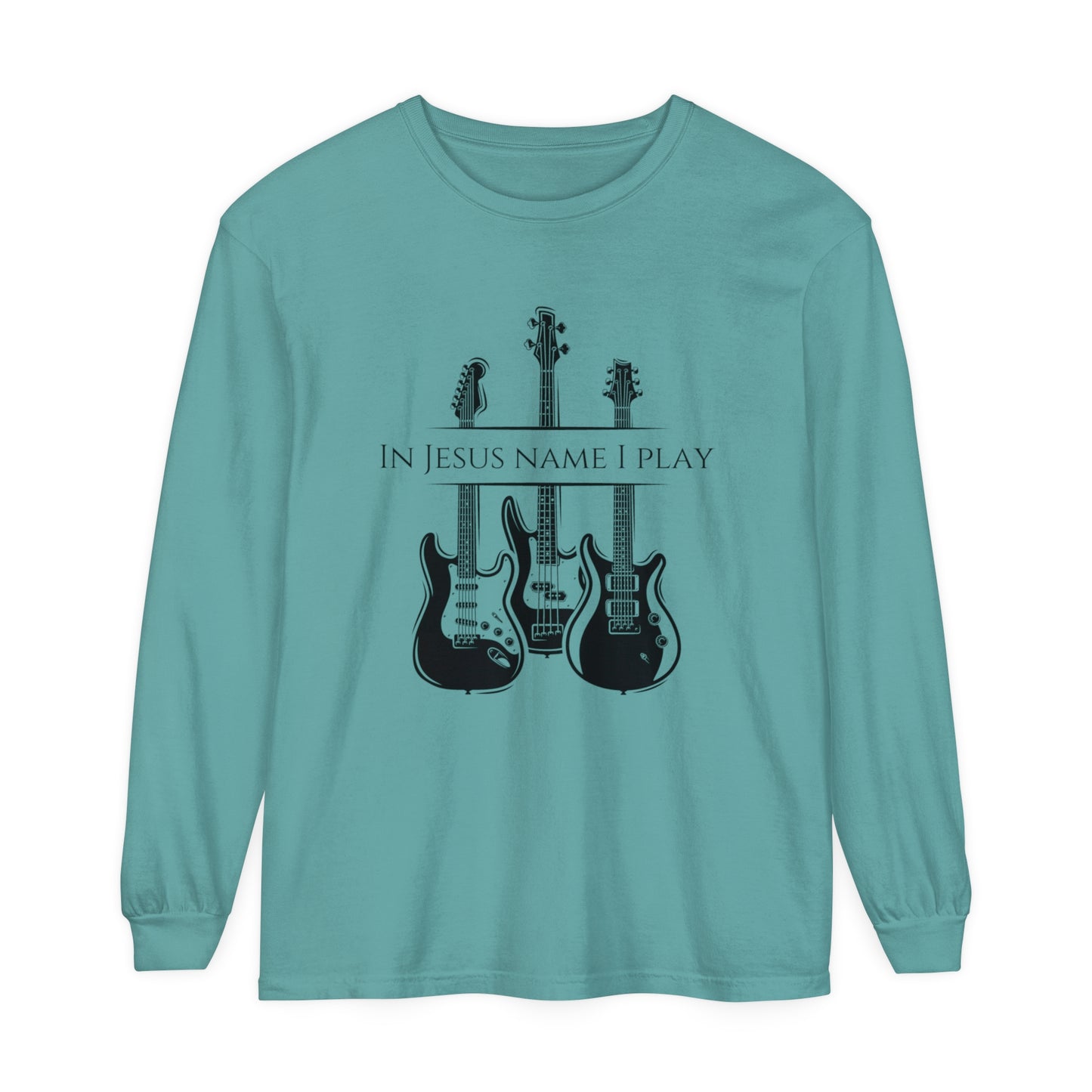 In Jesus Name I Play w/ Psalm 150:4 On Back Unisex Garment-dyed Long Sleeve T-Shirt