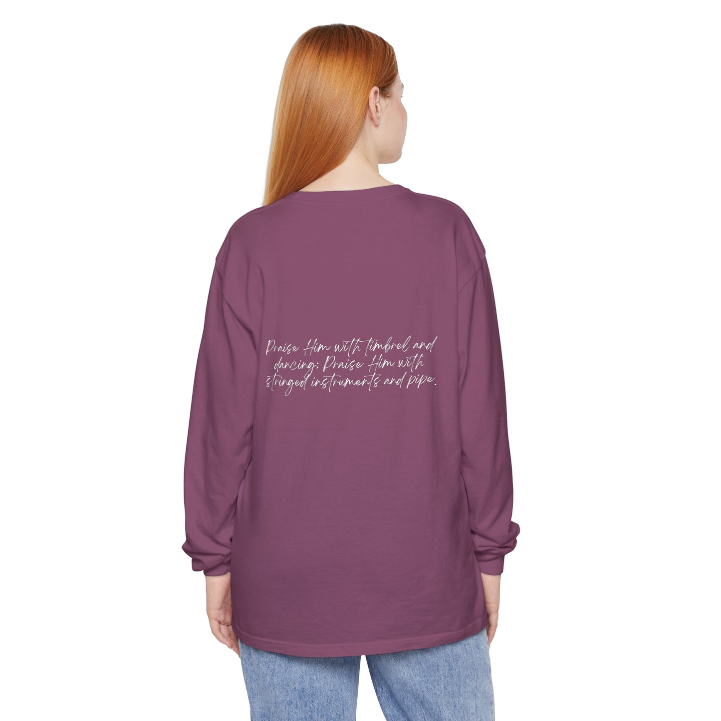 In Jesus Name I Play w/ Psalm 150:4 On Back Unisex Garment-dyed Long Sleeve T-Shirt