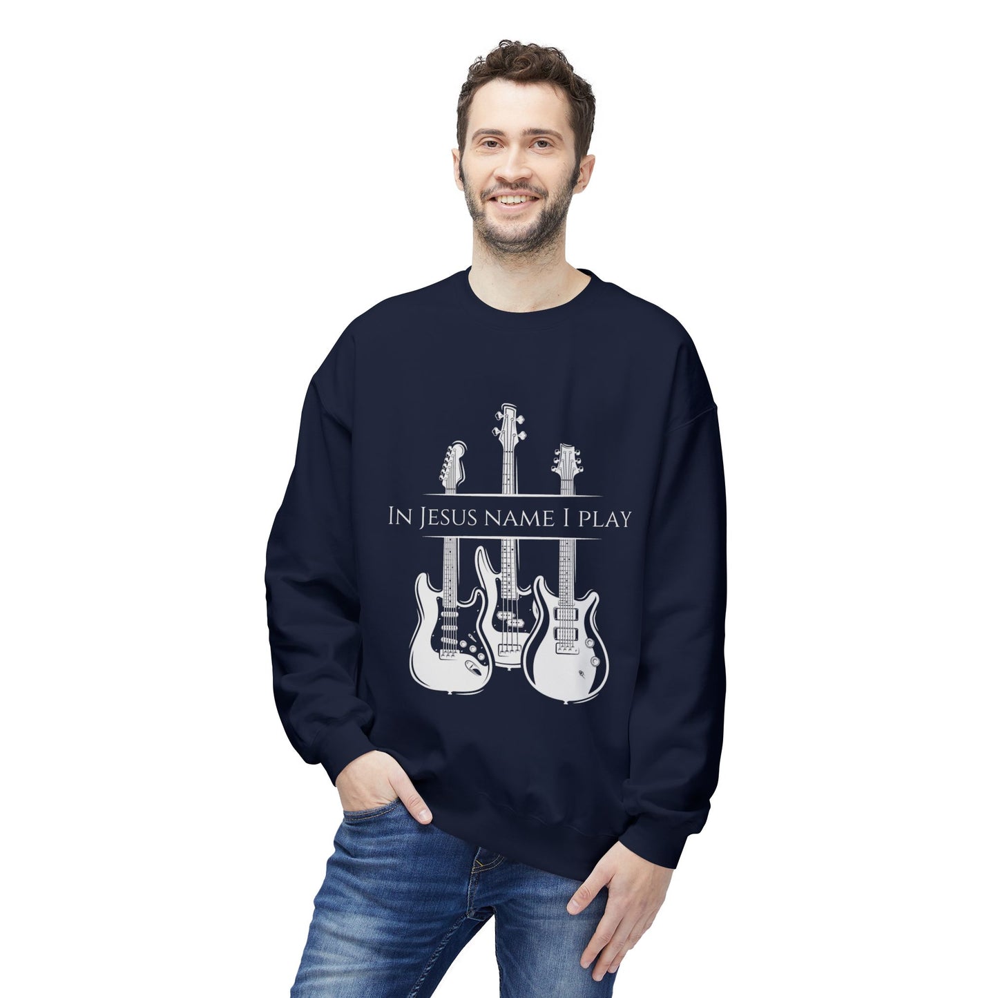 In Jesus Name I Play w/ Psalm 150:4 On Back Unisex Midweight Softstyle Fleece Crewneck Sweatshirt