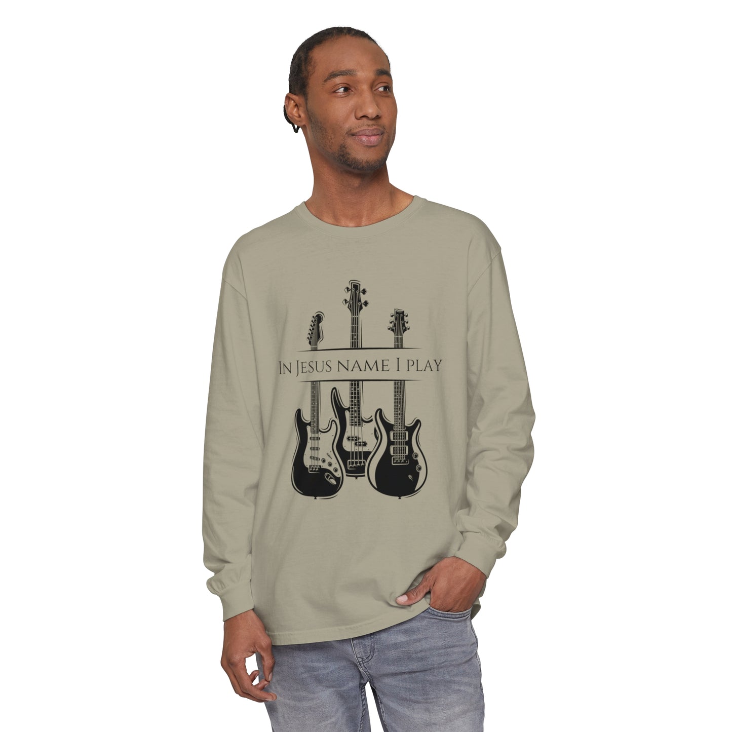 In Jesus Name I Play w/ Psalm 150:4 On Back Unisex Garment-dyed Long Sleeve T-Shirt