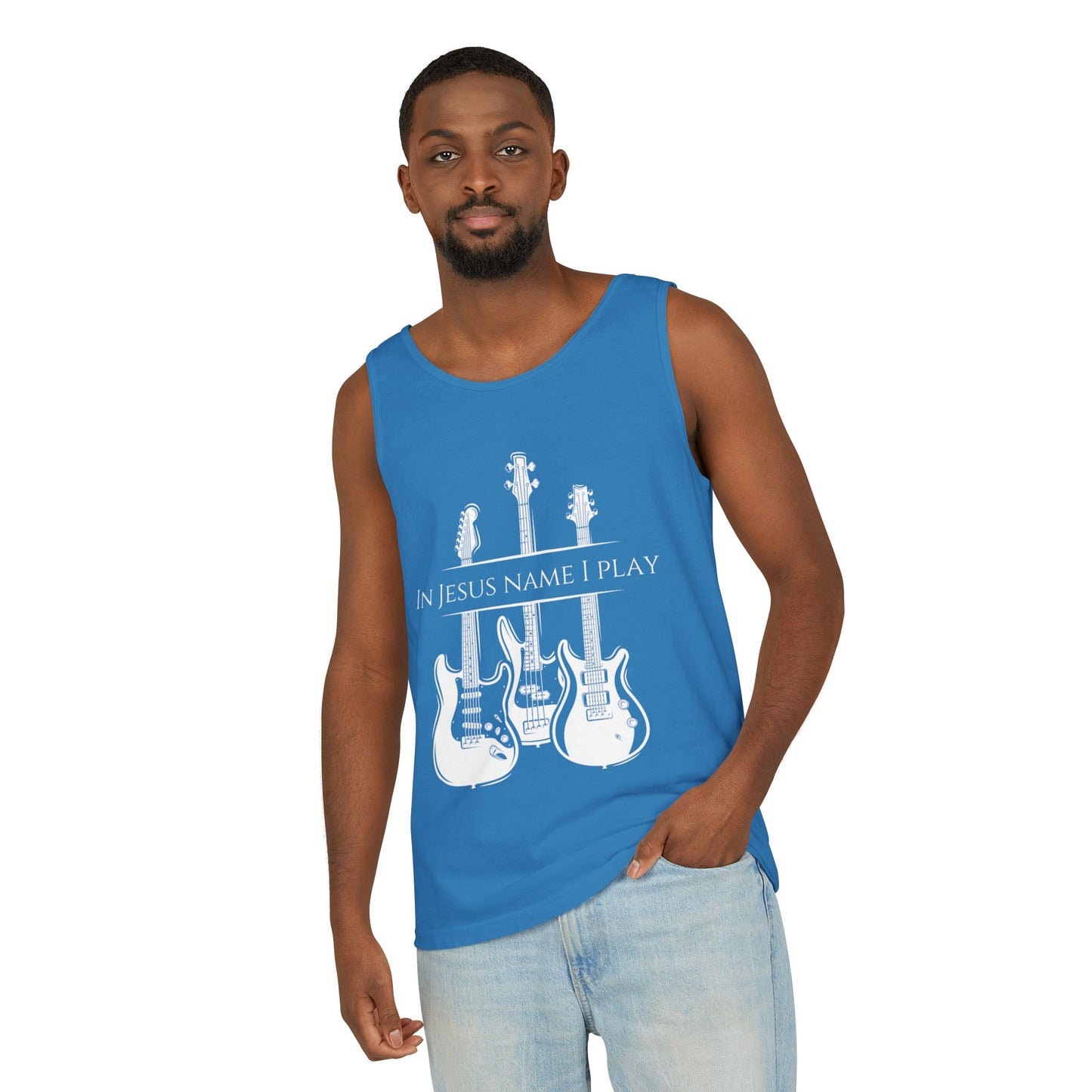 In Jesus Name I Play w/ Psalm 150:4 On Back Unisex Garment-Dyed Tank Top