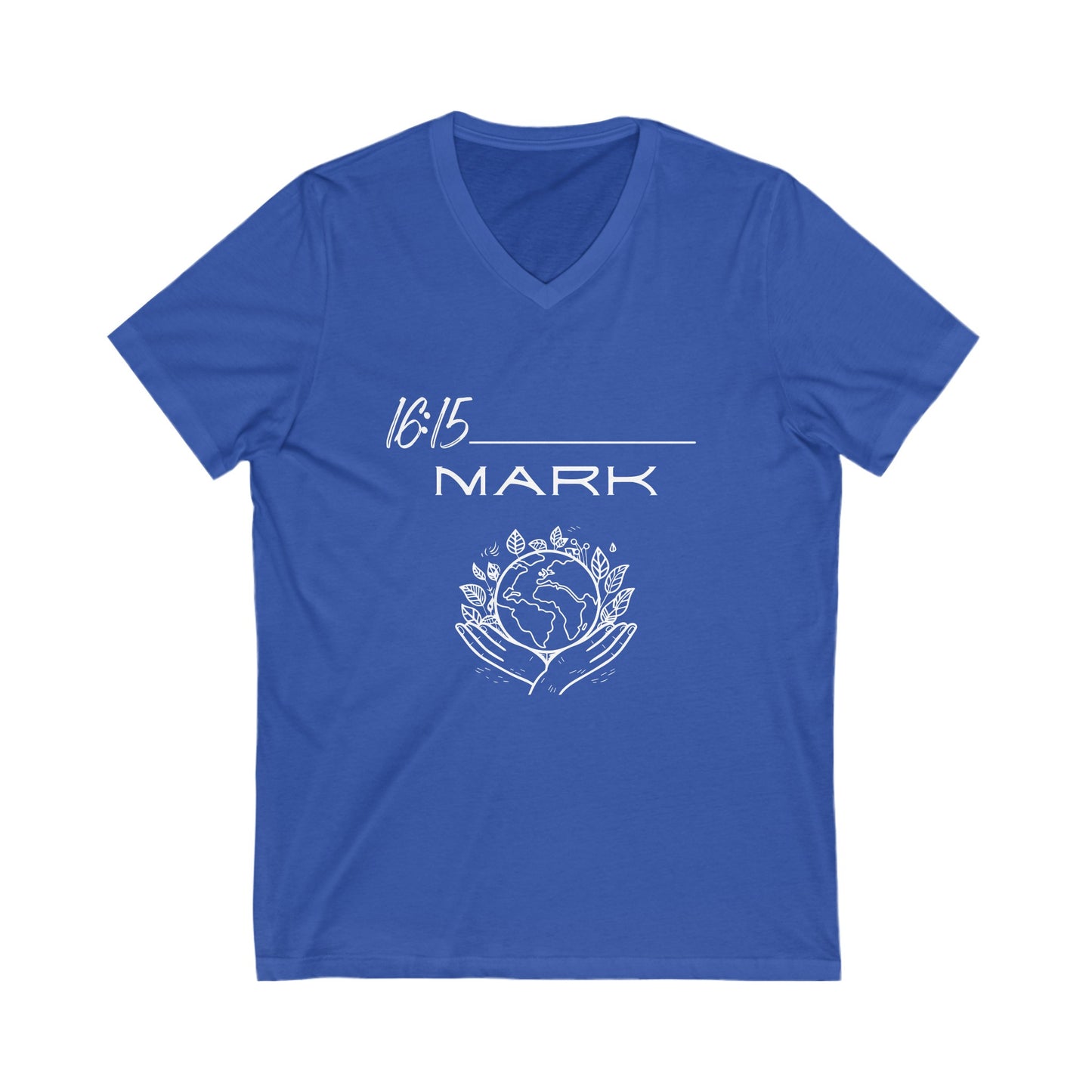 Mark 16:15 w/ Full Scripture on Back Unisex Jersey Short Sleeve V-Neck Tee