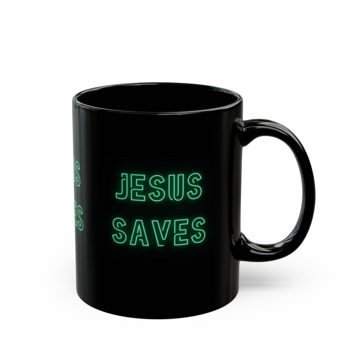 Jesus Saves Neon Signage Green Black Mug (11oz, 15oz)