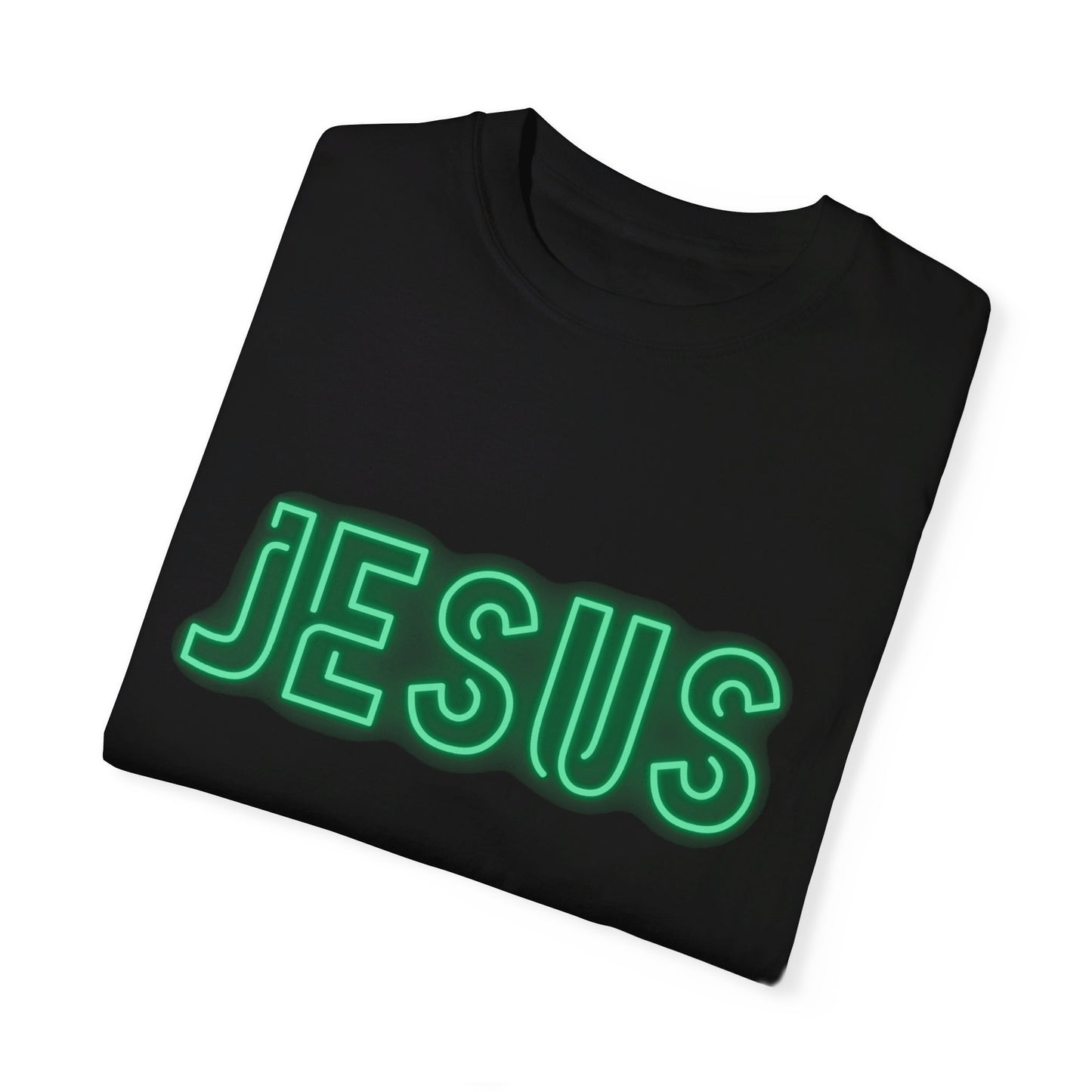 Jesus Saves Neon Signage Green Unisex Garment-Dyed T-shirt