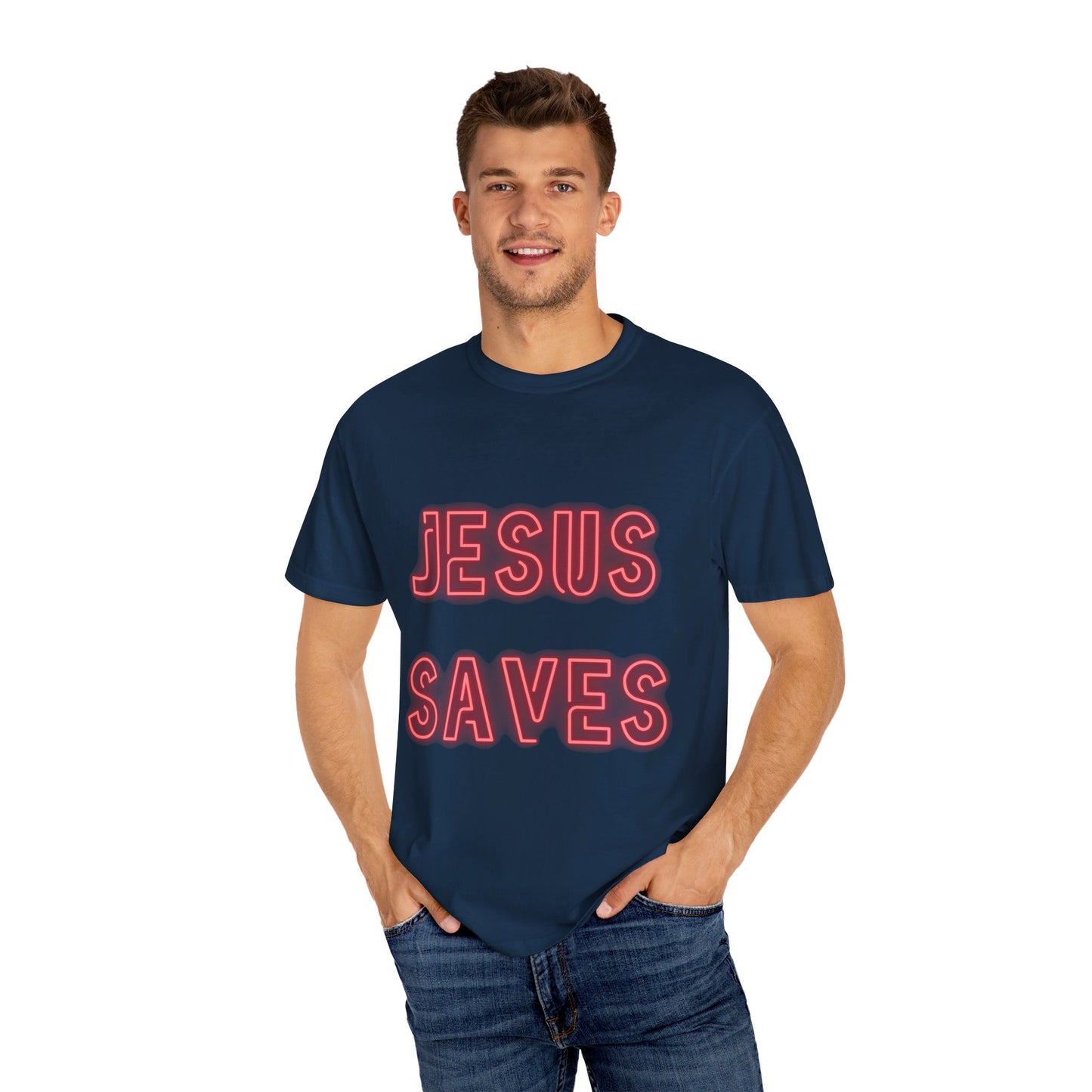 Jesus Saves Neon Signage (2) Unisex Garment-Dyed T-shirt