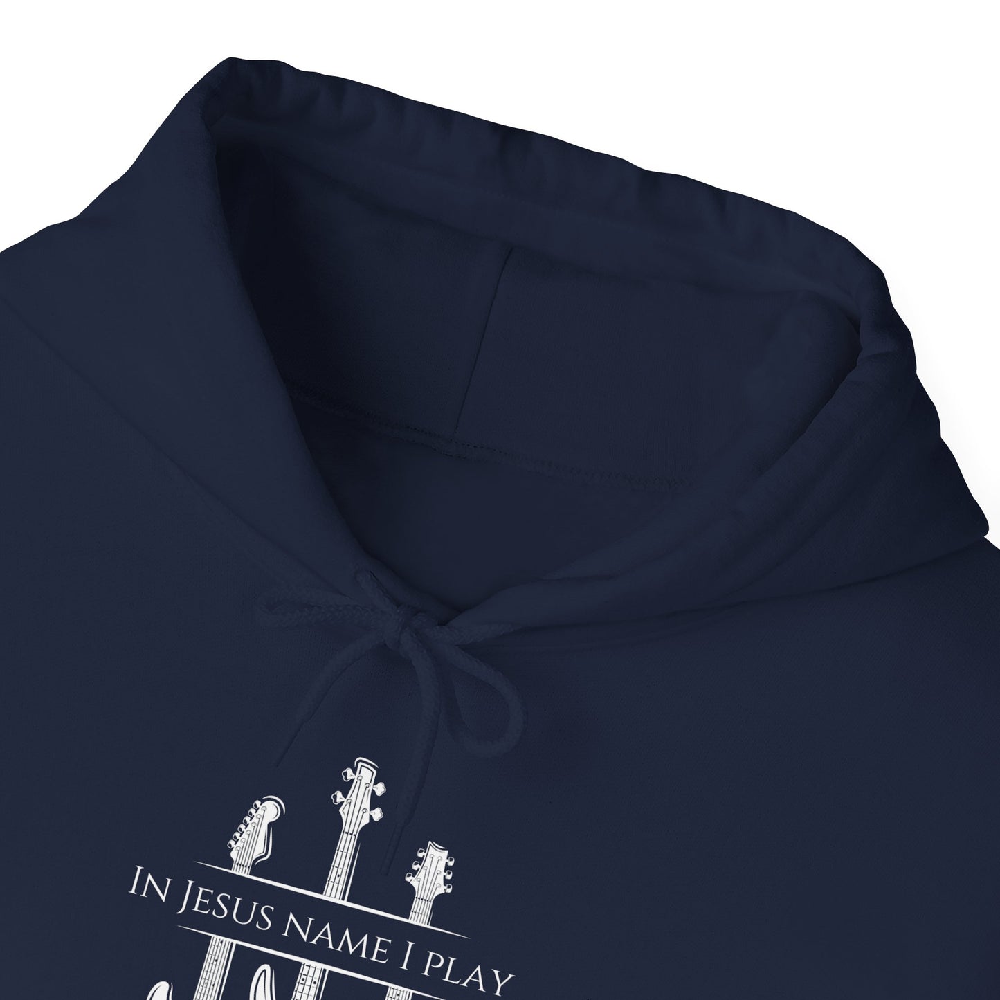 In Jesus Name I Play w/ Psalm 150:4 On Back Unisex Heavy Blend™ Hooded Sweatshirt