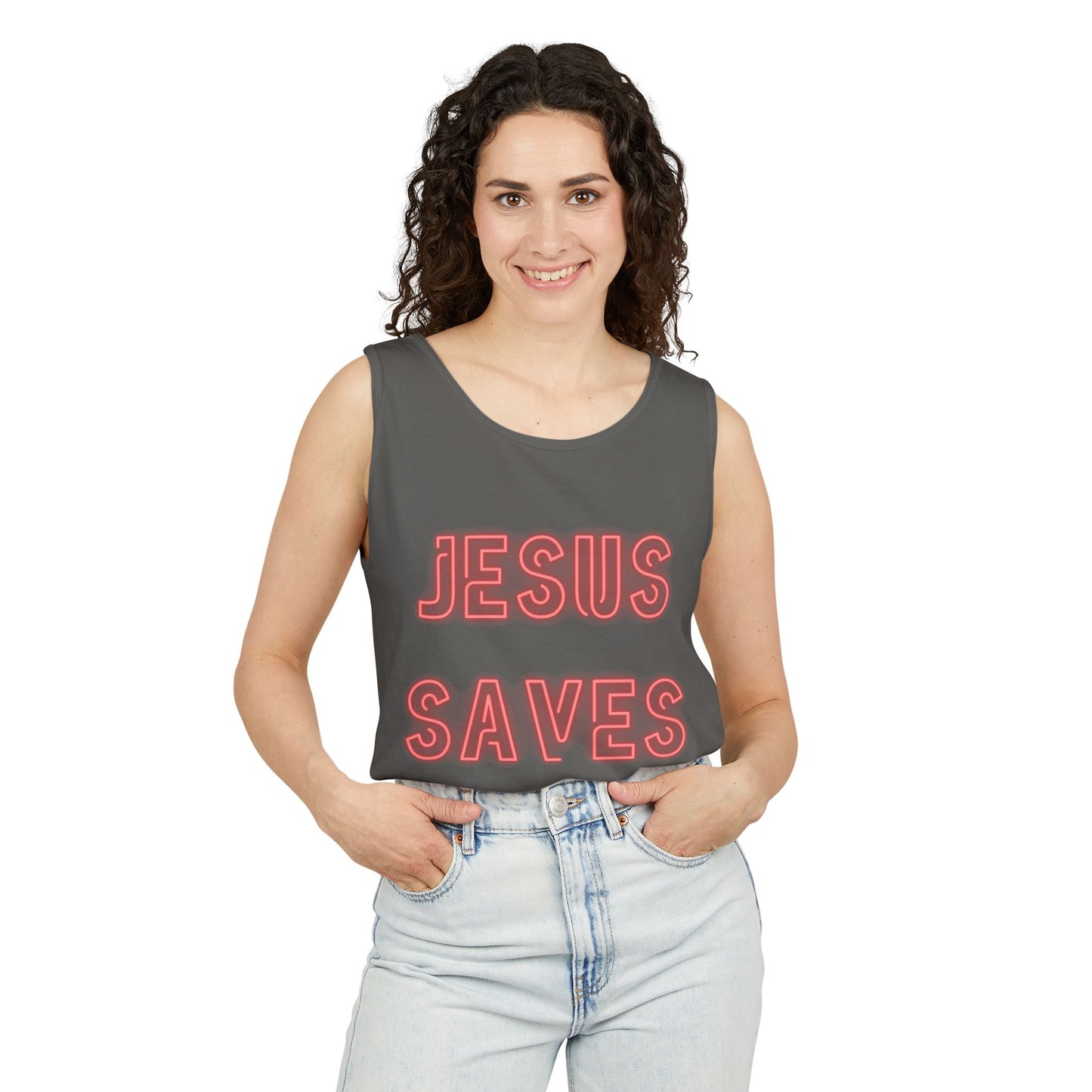 Jesus Saves Neon Signage Tank Top Unisex Garment-Dyed Tank Top